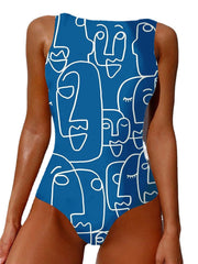 Graffiti Abstract Print Round Neck One Piece Sleevless Slimming Swimsuit For Women