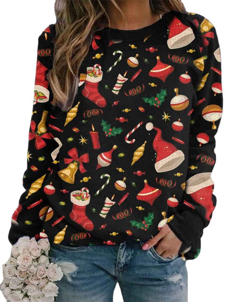 Women Allover Christmas Pattern Print O-Neck Relaxed Fit Long Sleeve Sweatshirt