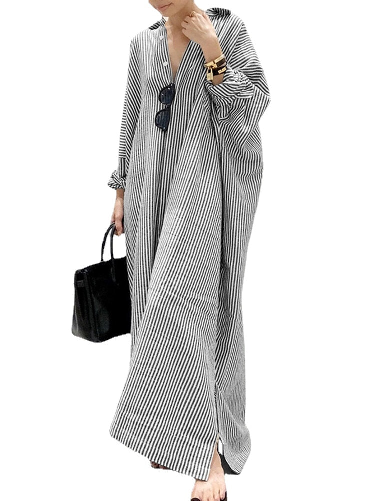 Women Long Sleeve Solid Color Striped Ankle Length Lapel Collar Midi Dresses