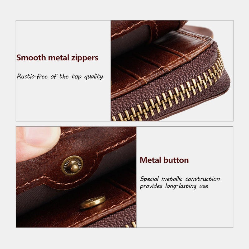 Men Genuine Leather Retro RFID Blocking Zipper Coin Bag Card Holder Wallet