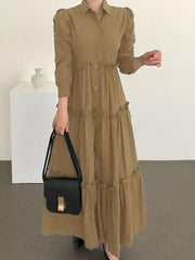 Women Solid Color Puff Sleeve Loose Layered Pleated Lapel Maxi Dress