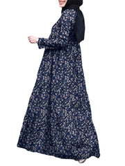 Women Floral Print Tiered Dress O-Neck Casual MaxiDress With Side Pocket