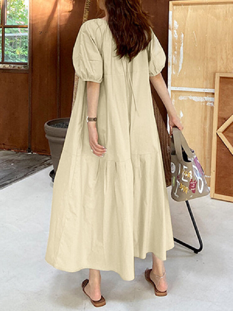 Solid Color O-neck Puff Sleeve Plain Casual Side Pocket Holiday Maxi Dress