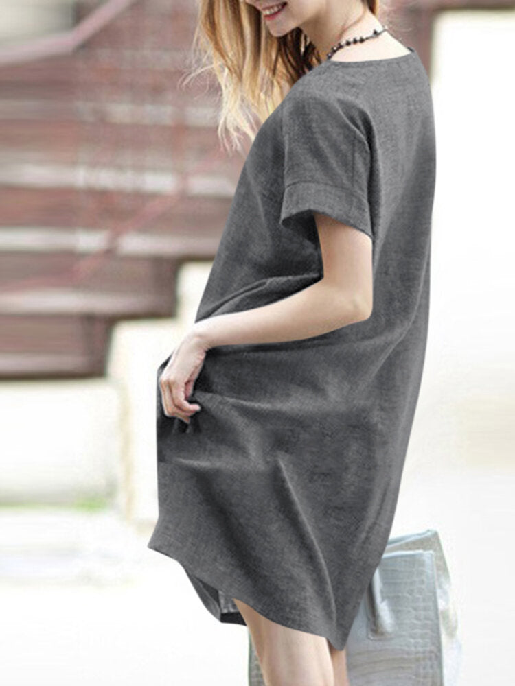 Solid Short Sleeve Round Neck Midi Casual Dress