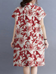 Plant Print Lapel Button Pocket Casual Midi Print Dress