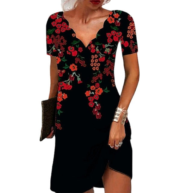 Women's Casual Dress Shift Dress Floral Dress Mini Dress Black And White Black White Short Sleeve Floral Print Summer Spring Scalloped Neck Fashion Vacation Print Dresses