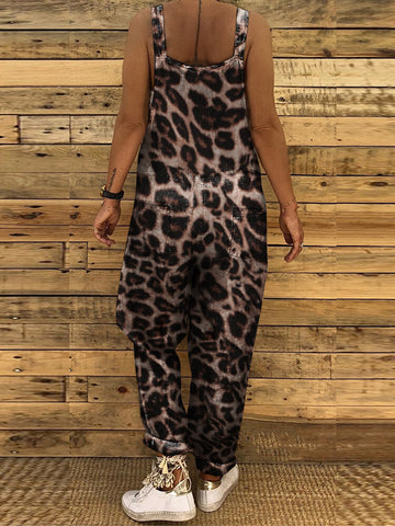 Women Leopard Print Sleeveless Casual Loose Jumpsuit with Back Pockets