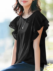 Solid Layered Ruffle Round Neck Casual Blouse