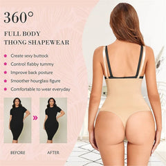 Women Waist Trainer Shapewear Thong Bodysuit Seamless Tummy Control Panty Body Shaper Beige