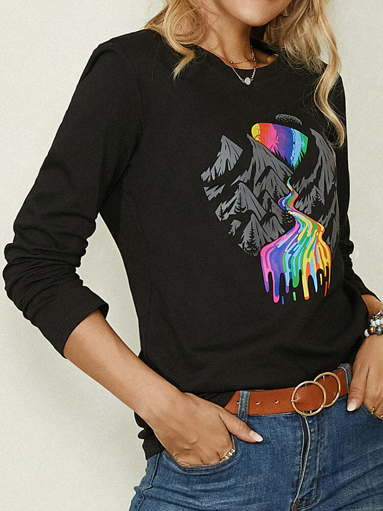 Women Landscape Print O-Neck Long Sleeve Casual Blouse