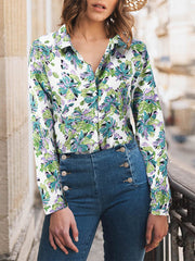 Plants Print Long Sleeve Lapel Button Down Shirt Women