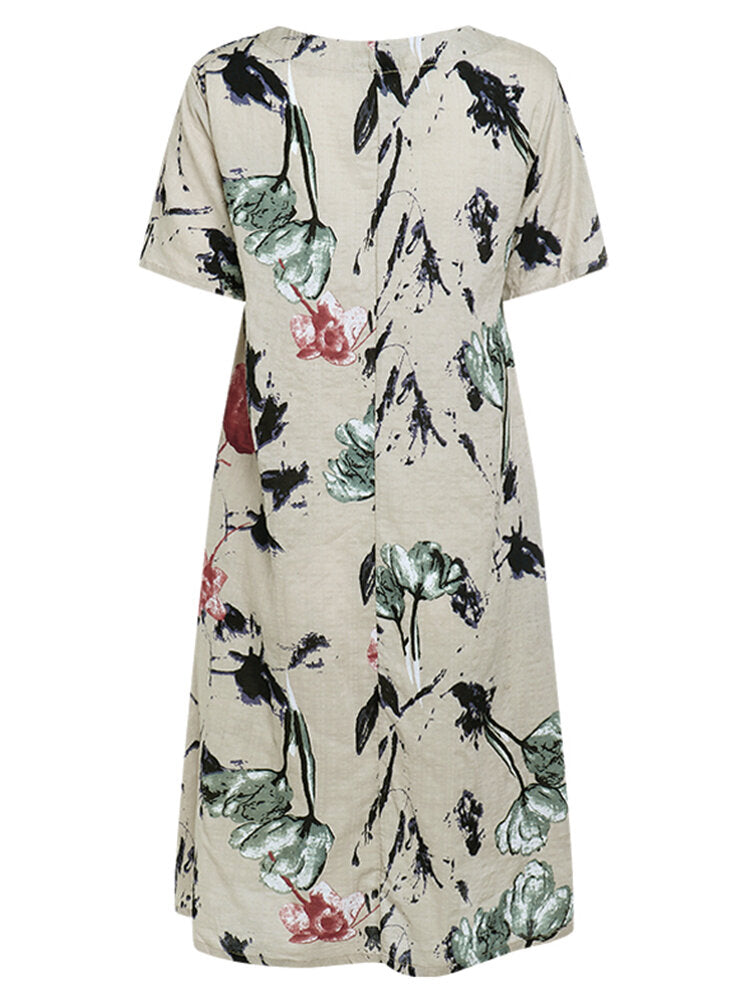 Retro Floral Print Two Pockets Loose Casual Dress For Women