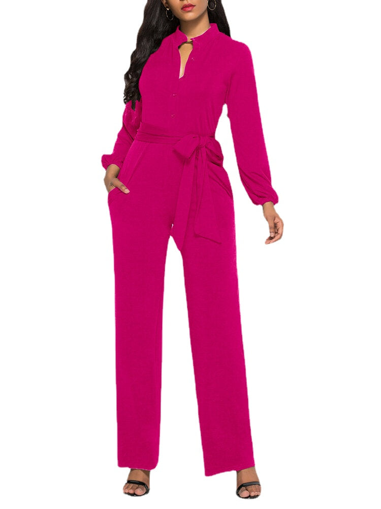 Women Solid Color Long Sleeve Waist Belt Stand Collar Plus Size Jumpsuit