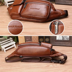 Men Genuine Leather Multifunction Front Flap-Over Zipper Pocket Chest Bag Retro Large Capacity Casual Crossbody Bags Shoulder