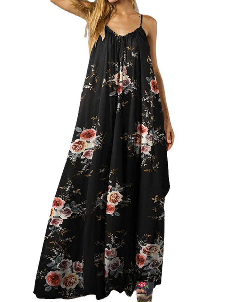 Chiffon Sleeveless Straps Loose Holiday Floral Summer Maxi Dress