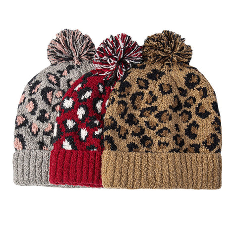 Unisex Knitted Leopard Pattern Fur Ball Decoration Flanging Casual Warmth Beanie Hat