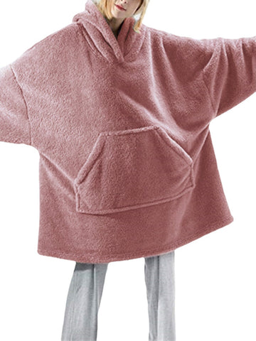 Women Oversized Thicken Warm Solid Color Blanket Hoodie Plush Sleepwear Robe With Pocket