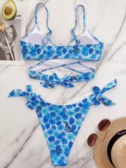 Floral Butterfly Animal Print Tie Cross Split Beach Bikini Women Swimsuit