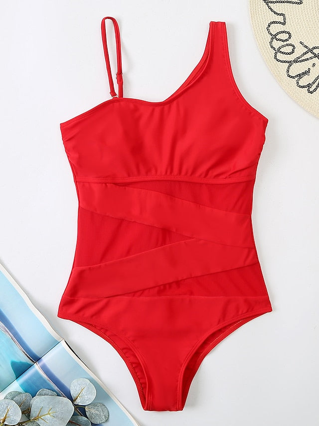 Women's Swimwear One Piece Monokini Bathing Suits Normal Swimsuit High Waist Open Back Mesh Pure Color Green Black Dark Green Red Padded Strap Bathing Suits New Casual Vacation / Sexy / Modern