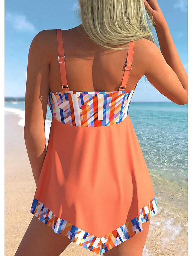 Women's Swimwear Tankini 2 Piece Plus Size Swimsuit 2 Piece Printing Gradient Color Black Orange Tank Top Bathing Suits Sports Summer