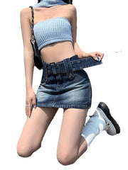 Women's A Line Mini Denim Black Blue Skirts Patchwork Belt Included  Street Casual Daily