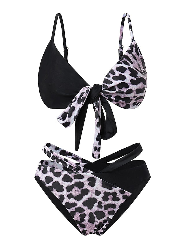 Women's Swimwear Bikini 2 Piece Normal Swimsuit Criss Cross Halter Leopard Print Color Block Black Brown Bathing Suits Sexy Fashion Sexy / New / Padded Bras