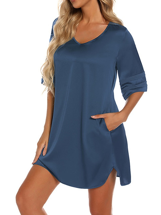 Women's Casual Dress T Shirt Dress Tee Dress Mini Dress Casual Cozy Patchwork Split Solid Colored V Neck Home Lounge Navy Black