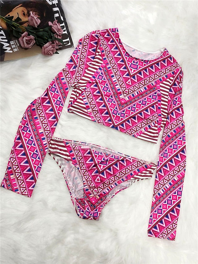 Women's Swimwear Rash Guard Diving 2 Piece Normal Swimsuit Printing Geometric Fuchsia Royal Blue Crop Top Scoop Neck Bathing Suits Sexy Vacation Fashion / Modern / New / Padded Bras