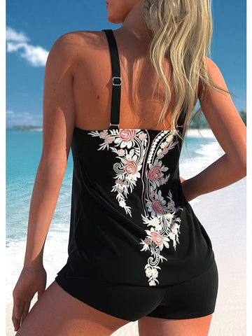 Women's Swimwear Tankini 2 Piece Plus Size Swimsuit 2 Piece Printing Paisley Floral Black Rainbow Rose Red Tank Top Bathing Suits Sports Summer