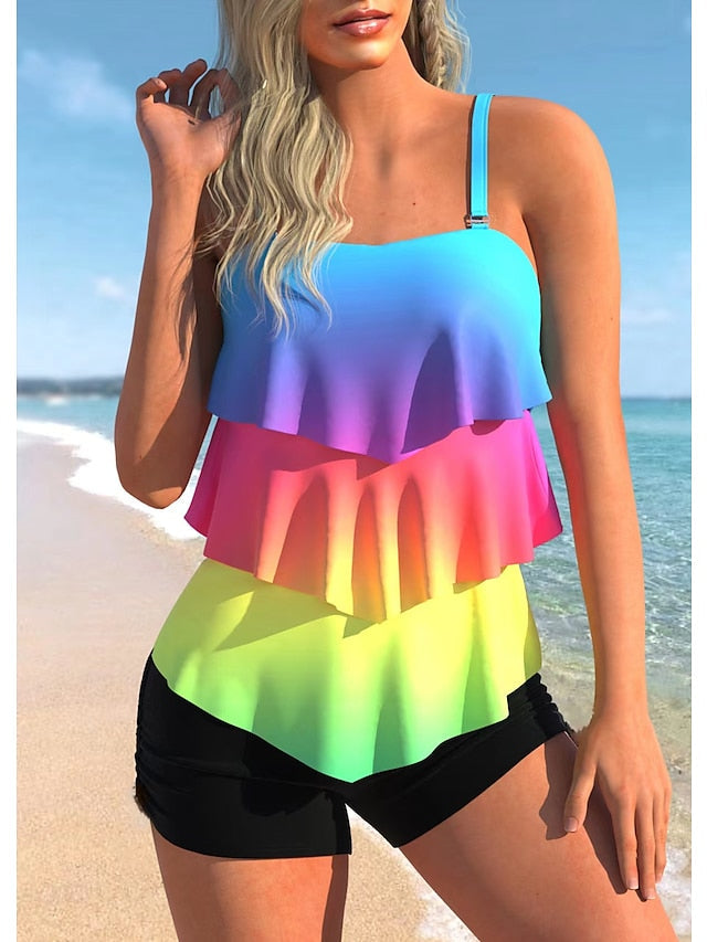 Women's Swimwear Tankini 2 Piece Normal Swimsuit 2 Piece Layered Printing Palm Tree Black White Blue Rainbow Tank Top Bathing Suits Sports Beach Wear Summer