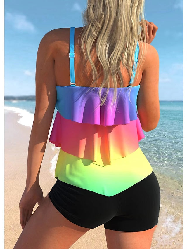 Women's Swimwear Tankini 2 Piece Normal Swimsuit 2 Piece Layered Printing Palm Tree Black White Blue Rainbow Tank Top Bathing Suits Sports Beach Wear Summer