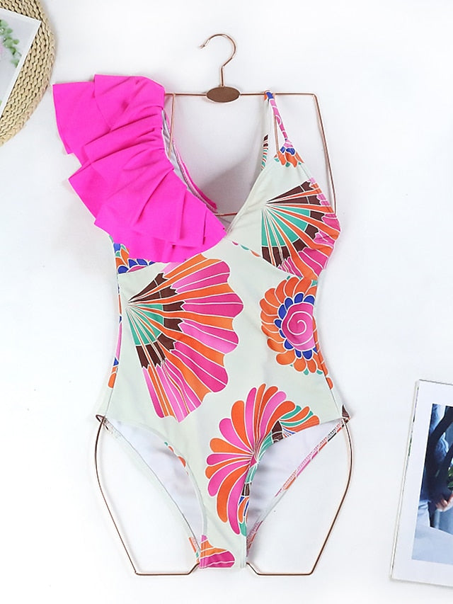 Women's Tankini Monokini Bathing Suit 2-Piece Ruffle Floral Print Padded Strap Pink Blue Retro