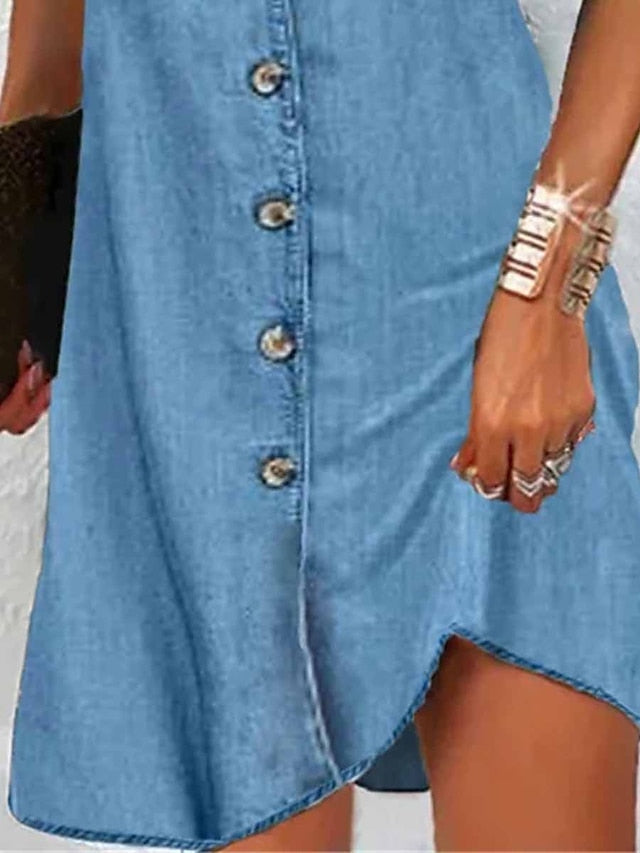 Women's Denim Mini Dress - V-Neck, Short Sleeve, Casual Summer Style
