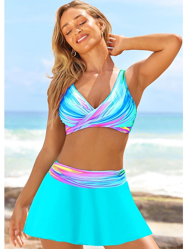 Women's Swimwear Bikini Plus Size Swimsuit 2 Piece Graphic Blue Bandeau Bathing Suits Sports Summer