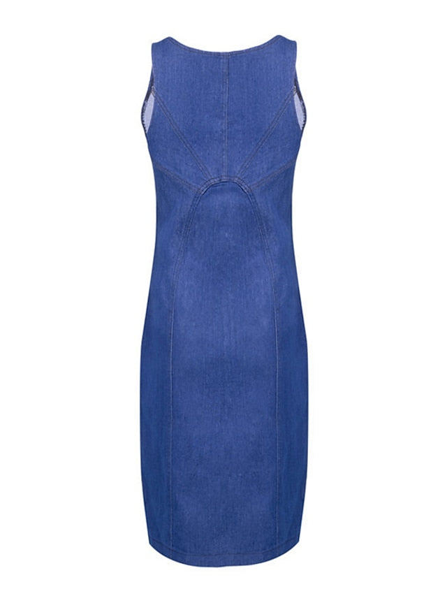 Women's Midi Denim Dress - Sleeveless U-Neck with Zipper for Summer & Spring