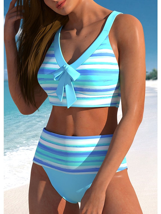 Women's Swimwear Bikini Normal Swimsuit 2 Piece Printing High Waisted Striped Blue Bathing Suits Sports Beach Wear Summer