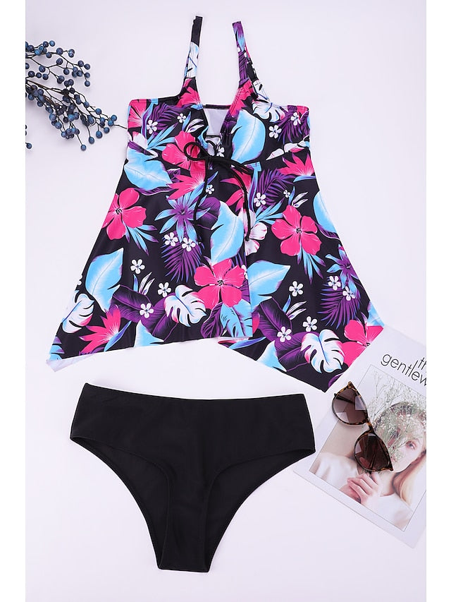 Women's Swimwear Tankini Beach Top Normal Swimsuit Modest Swimwear Hollow Out Tie Knot Open Back Print Floral Color Block Purple Blouse T shirt Tee Strap Bathing Suits New Party Vacation / Sexy