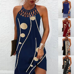 Women's Casual Dress Halter Neck Dress Midi Dress Leopard Black Wine Sleeveless Geometric Cut Out Summer Spring Halter Fashion Vacation Print Dresses