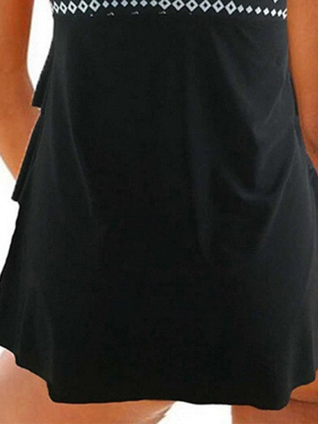 Women's Swimwear Tankini 2 Piece Plus Size Swimsuit Open Back Printing Geometric Black Camisole V Wire Bathing Suits New Vacation Fashion / Modern / Padded Bras