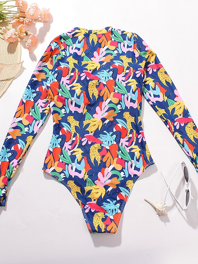 Women's Swimwear One Piece Normal Swimsuit Printing Front Zip Floral Blue Green Bodysuit Bathing Suits Sports Summer
