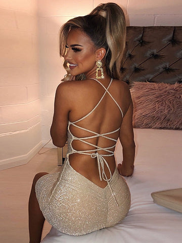 Women‘s Sheath Dress Party Dress Short Mini Dress Champagne Gold Blue Sleeveless Pure Color Backless Ruched Spring Summer Cold Shoulder Personalized Stylish Hot Party Slim