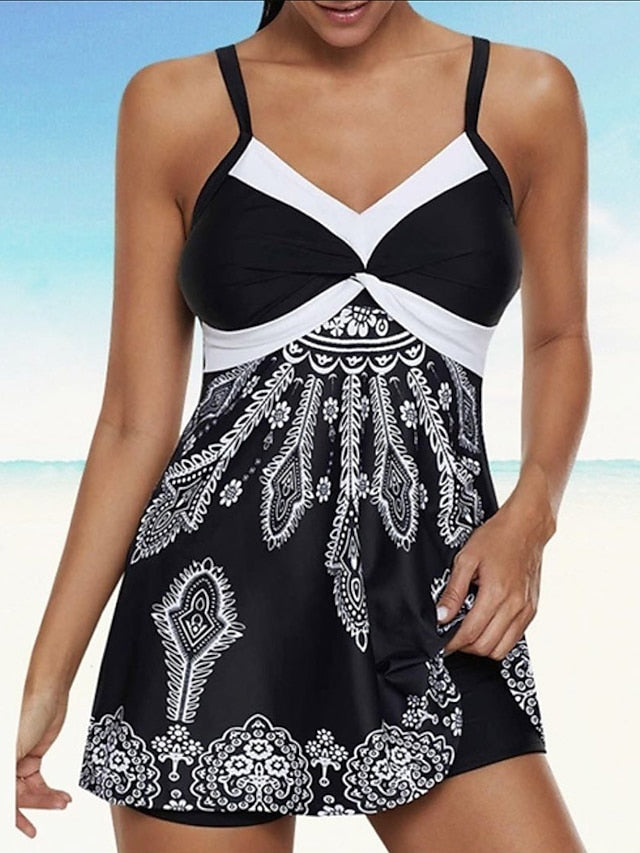 Women's Swimwear Tankini 2 Piece Plus Size Swimsuit Modest Swimwear Open Back for Big Busts Print Floral Black Blue Pink Red Tunic Strap Bathing Suits New Vacation Fashion / Modern / Padded Bras