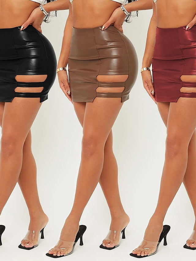 Women's Skirt Pencil Bodycon Mini Faux Leather Black Wine Brown Skirts Summer Cut Out Without Lining Fashion Ethnic Sexy Party Street