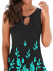 Women's Leaf Print Crew Neck Sleeveless Fit Dress