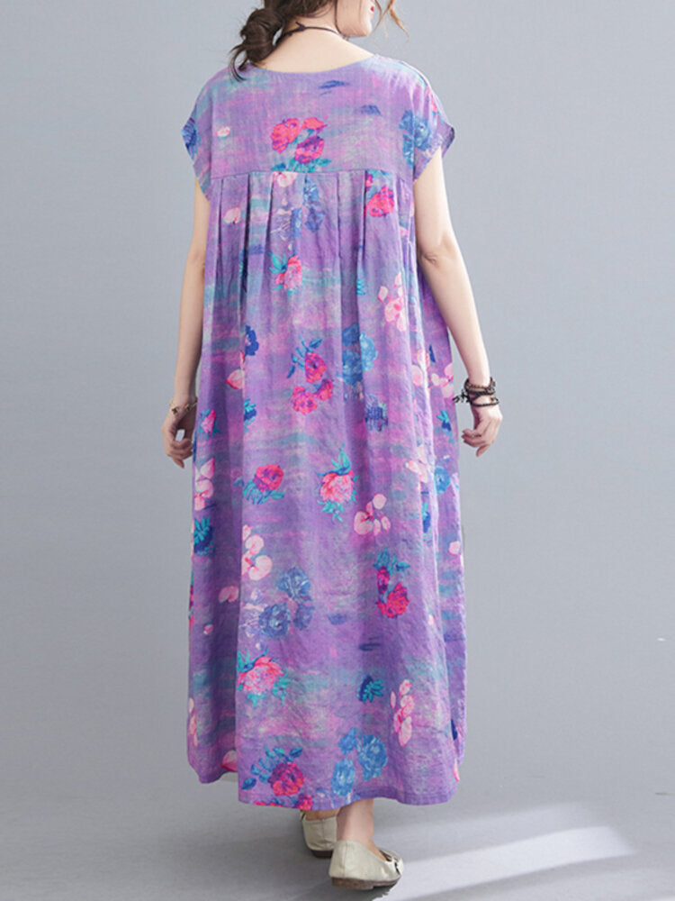 Floral Printed Bohemian Europe Retro Style O-Neck Loose Dress