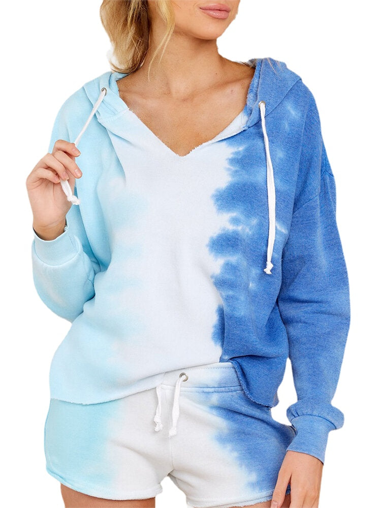 Women Design Tie Dye Hooded Long Sleeve Drawstring Simple Home Pajama Set