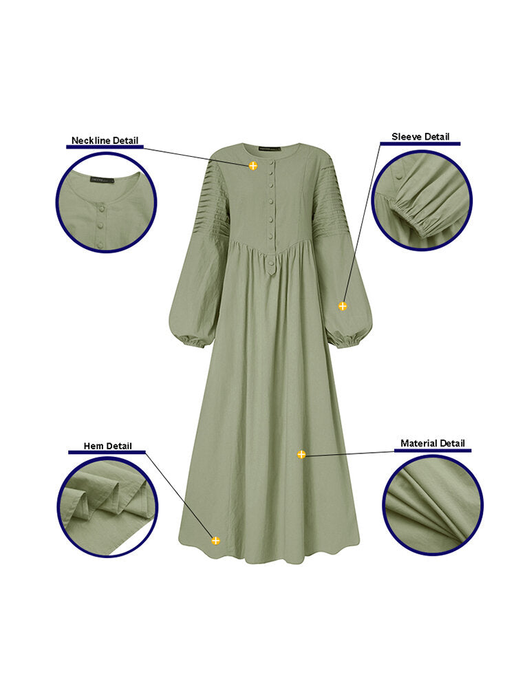 Women Cotton Puff Sleeve Pleated Round Neck Solid Color Swing Maxi Dress