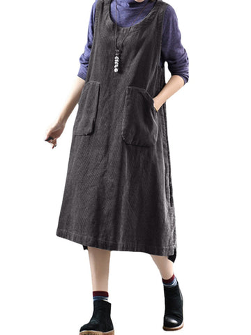 Women Solid Corduroy Sleeveless Side Pocket Knee Length Midi Dresses