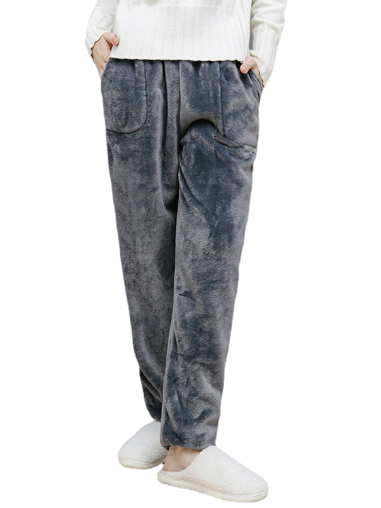 Women Flannel Solid Color Thicken Warm Home Sleepwear Pants With Pocket