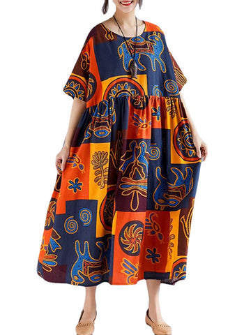 Women Retro Folk Style Print Loose O-Neck Short Sleeve Dress